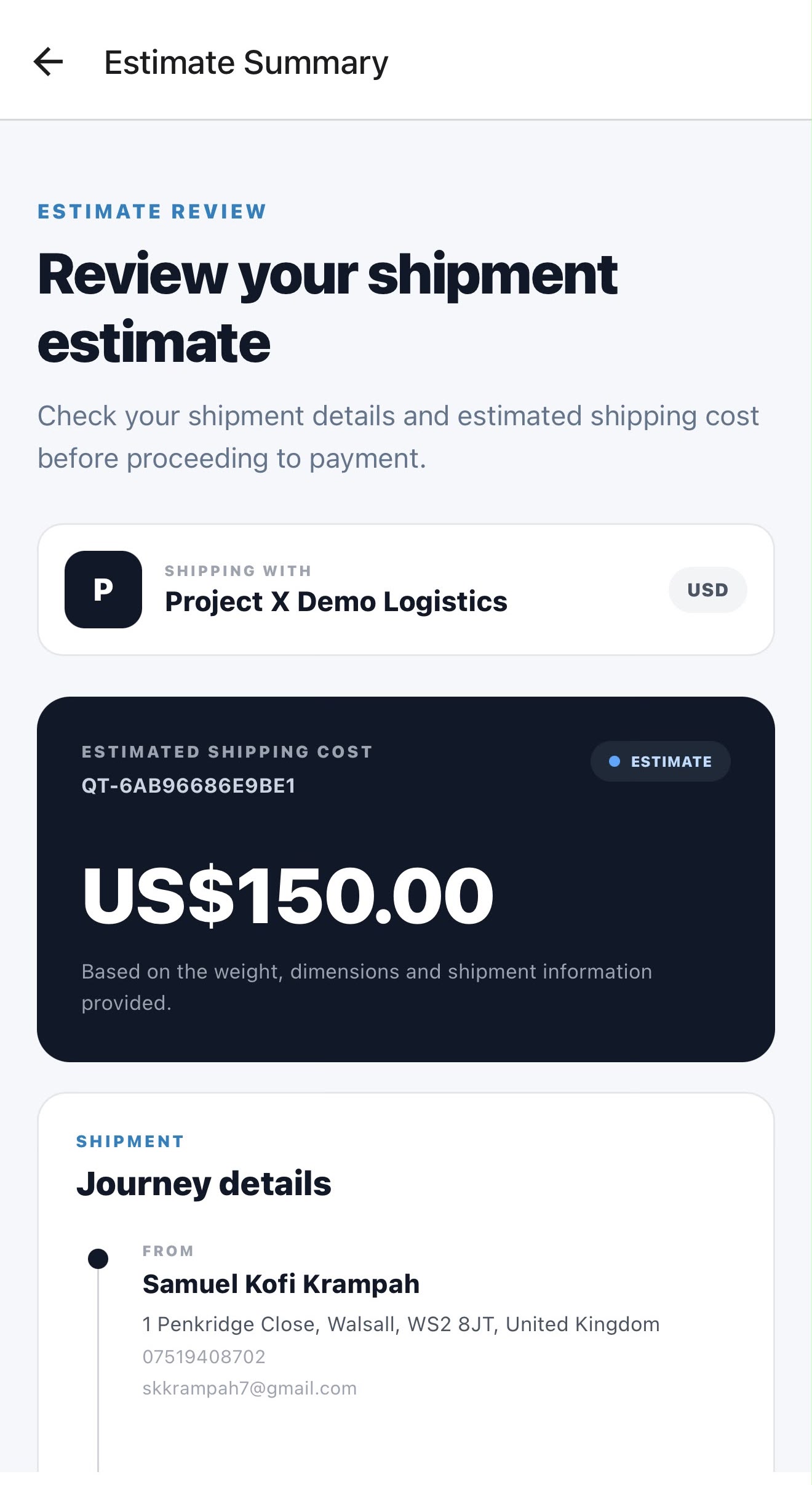 Quote Estimate Screen